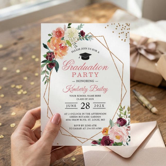 Modern Geometric Gold Frame Chic Floral Graduation Invitation (Creator Uploaded)