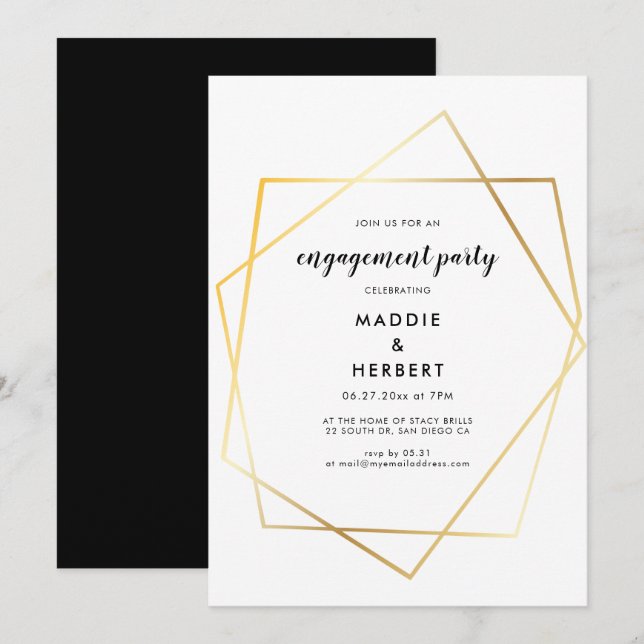 Modern geometric gold frame engagement party invitation (Front/Back)