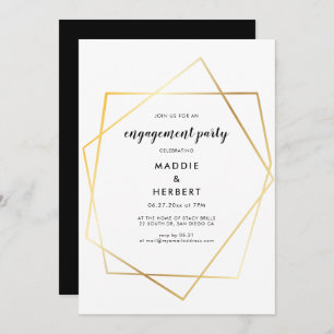 Modern geometric gold frame engagement party invitation