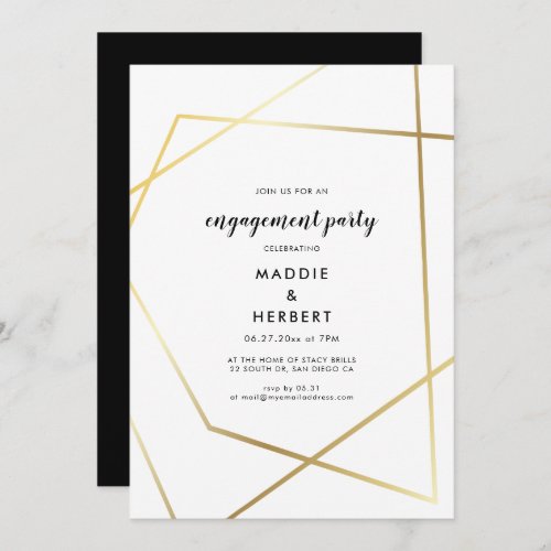 Modern geometric gold frame engagement party invitation