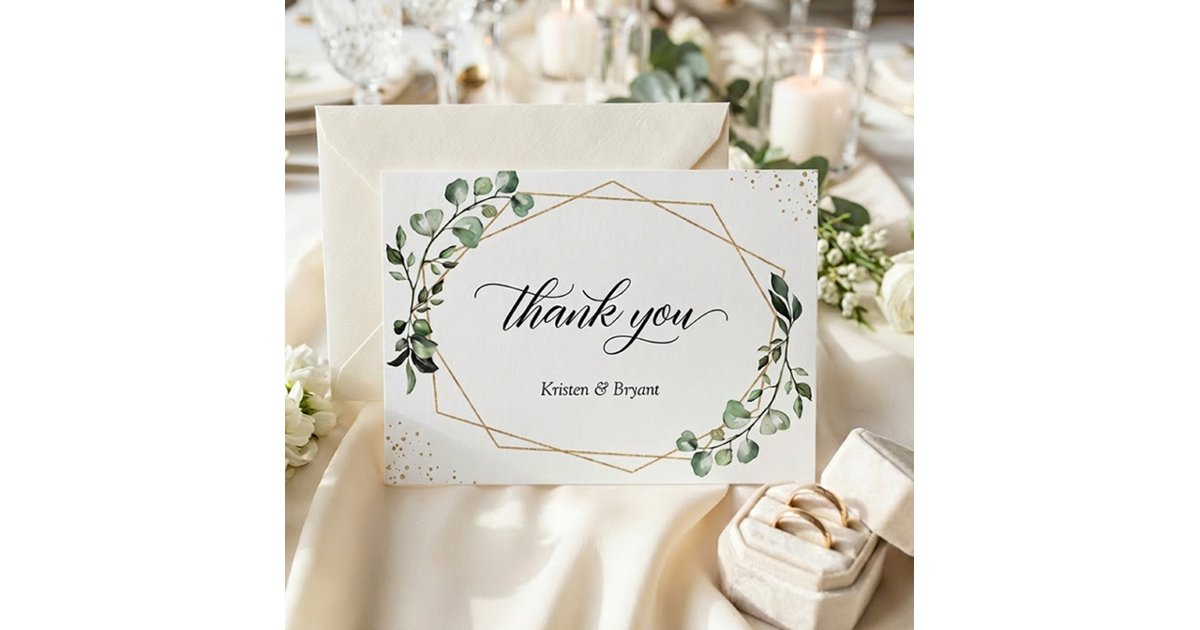 Modern Geometric Gold Frame Eucalyptus Wedding Thank You Card | Zazzle