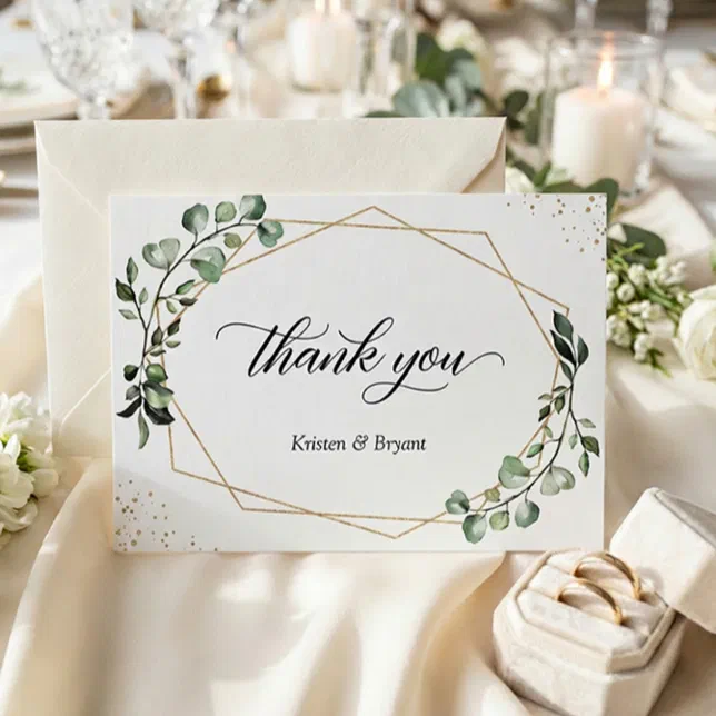 Modern Geometric Gold Frame Eucalyptus Wedding Thank You Card | Zazzle