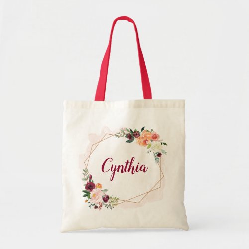 Modern Geometric Gold Frame Floral Bridesmaid Tote Bag