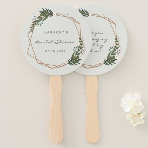 Modern Geometric Gold Frame Greenery Bridal Shower Hand Fan