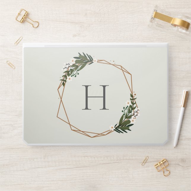 Modern Geometric Gold Frame Greenery Monogram HP Laptop Skin (Desk)