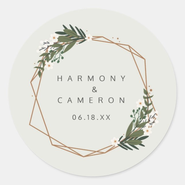 Modern Geometric Gold Frame Greenery Wedding Favor Classic Round Sticker (Front)