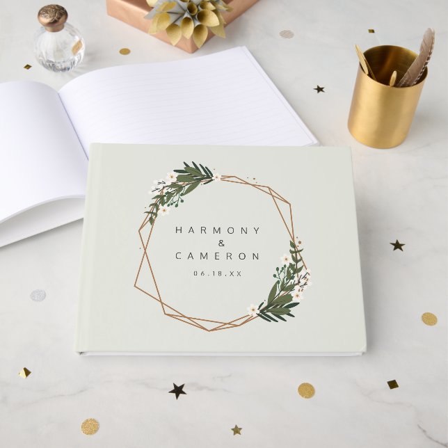 Modern Geometric Gold Frame Greenery Wedding Guest Book (Front Open)