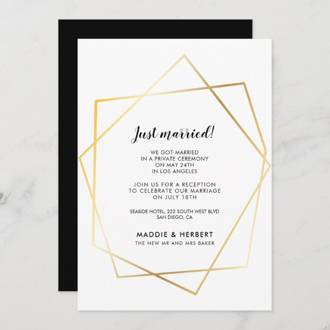 Modern geometric gold frame Just married card (Front/Back)