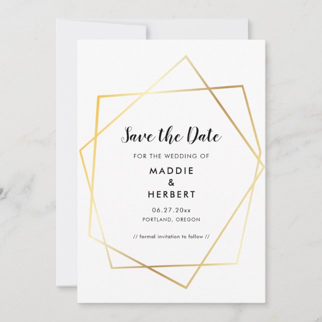 Modern geometric gold frame save the date (Front)