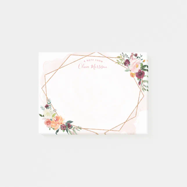 Modern Geometric Gold Frame Watercolor Floral Post-it Notes | Zazzle