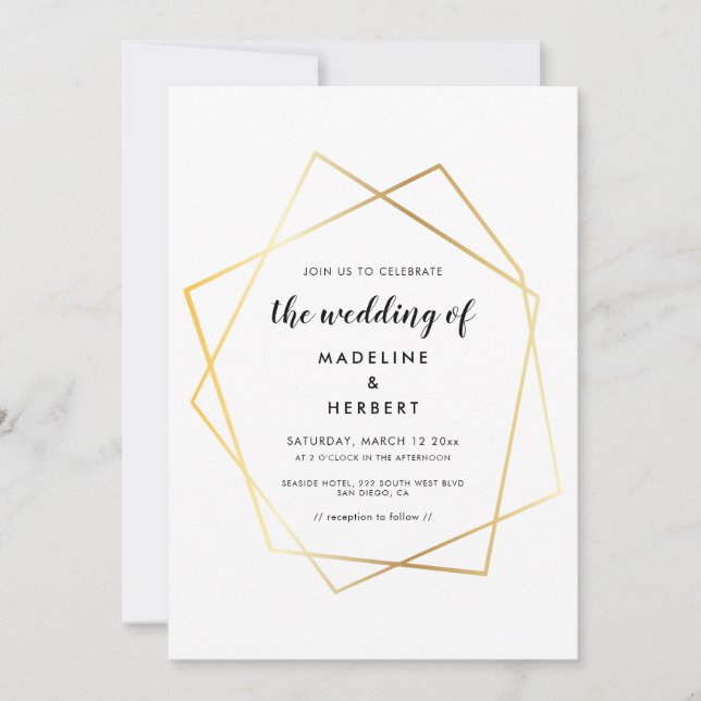 Modern geometric gold frame wedding invitation (Front)