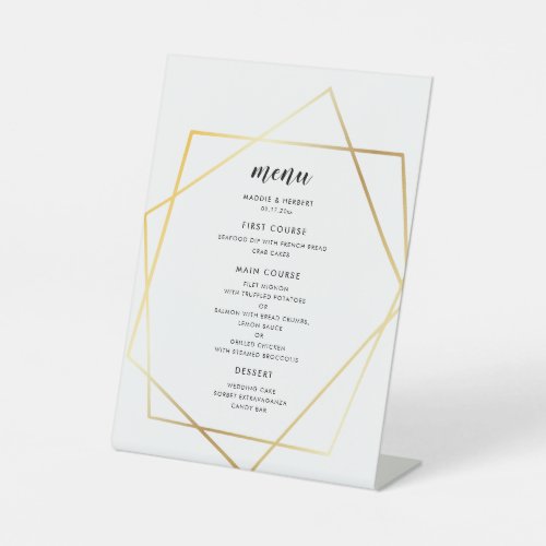 Modern geometric gold frame wedding menu pedestal sign