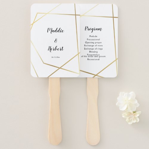 Modern geometric gold frame wedding program hand fan