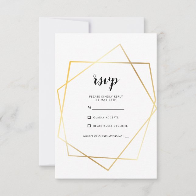 Modern geometric gold frame wedding RSVP card (Front)