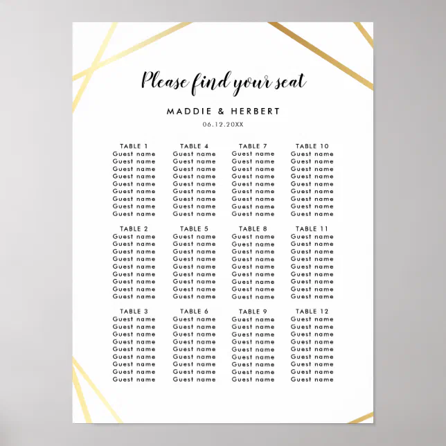 Modern Geometric Gold Frame Wedding Seating Chart Foam Board | Zazzle