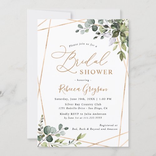 Modern Geometric Gold Greenery Bridal Shower Invitation