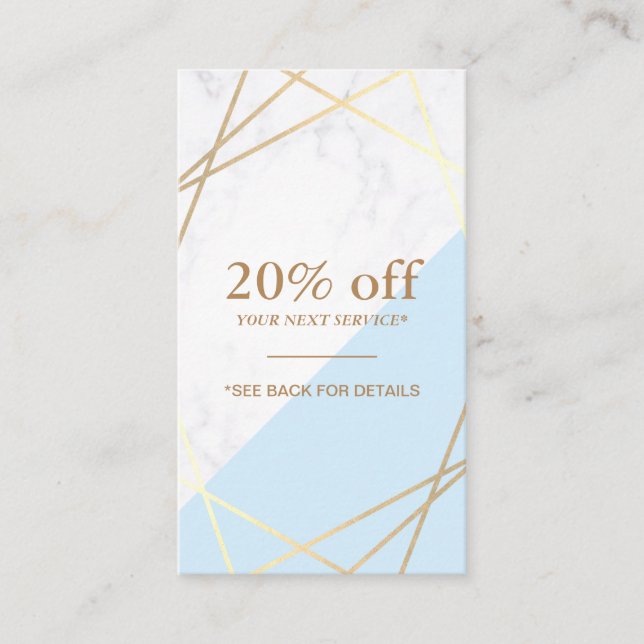 Modern Geometric Gold Marble Blue Coupon Vertical Business Card (Front)
