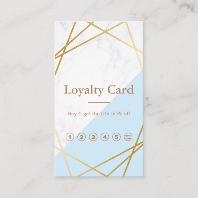 Modern Geometric Gold Marble Blue Loyalty Vertical Business Card (Front)