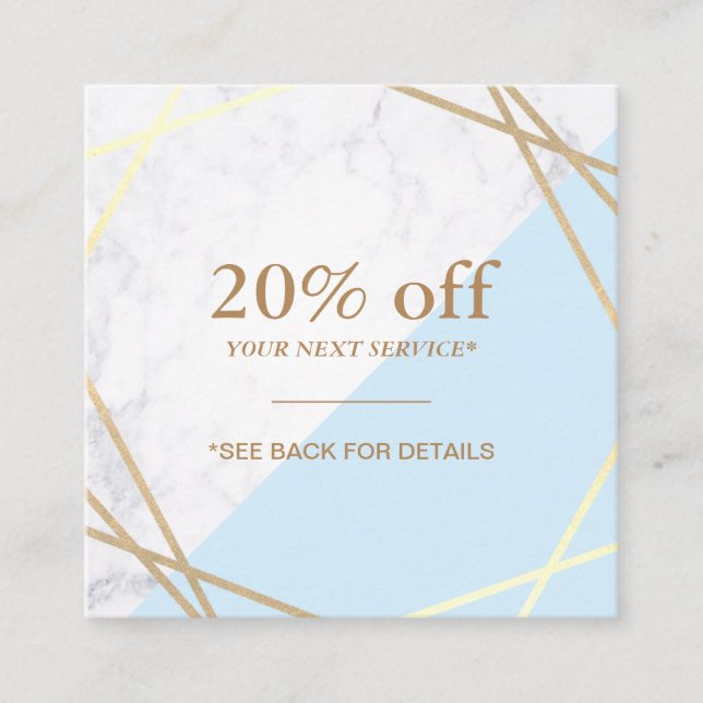 Modern Geometric Gold Marble Pastel Blue Coupon Square Business Card (Front)
