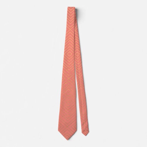 Modern Geometric Gold Squares Pattern on Coral Tie