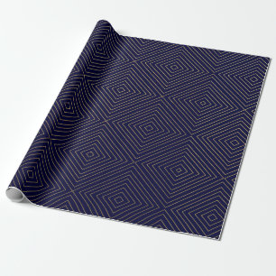 Modern Geometric Gold Squares Pattern on Navy Blue Wrapping Paper