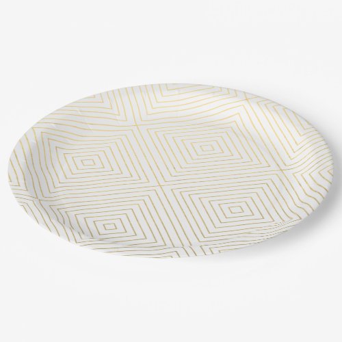 Modern Geometric Gold Squares Pattern on White Col Paper Plates
