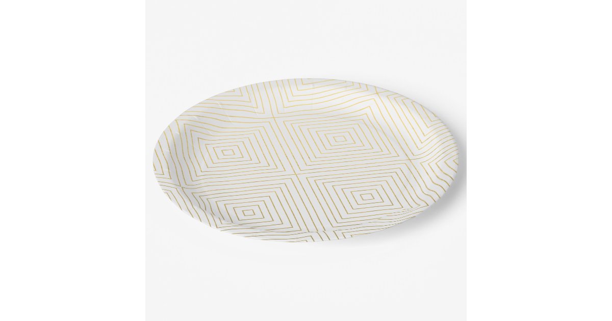 Modern Geometric Gold Squares Pattern on White Col Paper Plates | Zazzle