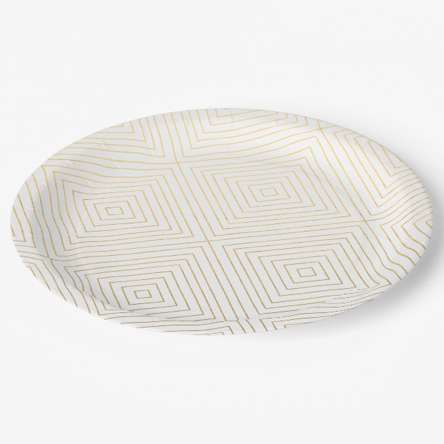 Modern Geometric Gold Squares Pattern on White Col Paper Plates (Angled)