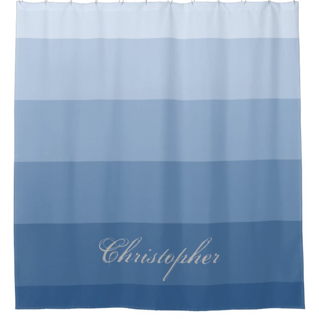 Modern Geometric Gradient Blue with Custom Name Shower Curtain (Front)