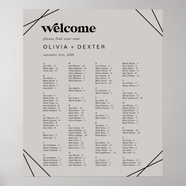 Modern Geometric | Gray Alphabetical Seating Chart (Front)