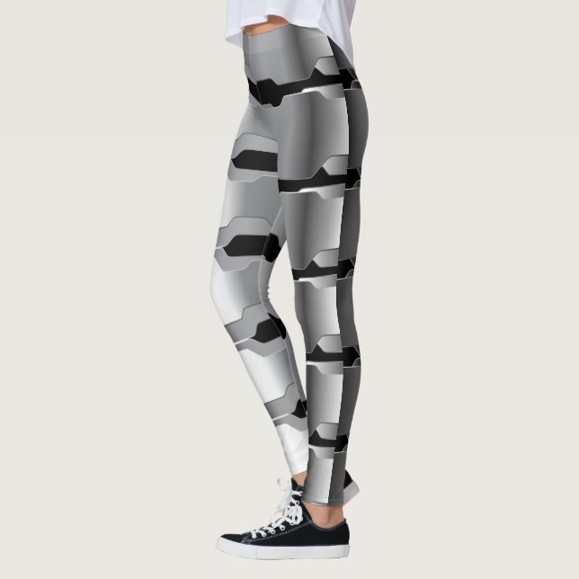Modern Geometric Gray & Black Metallic Texture Leggings (Left)