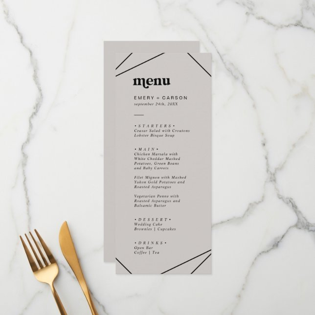 Modern Geometric | Gray Wedding Dinner Menu (Front/Back In Situ)