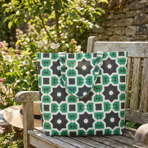 Modern Geometric Green Black White Star Pattern Fabric