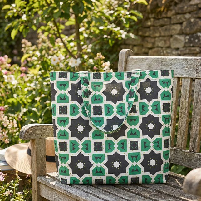 Modern Geometric Green Black White Star Pattern Fabric (Creator Uploaded)