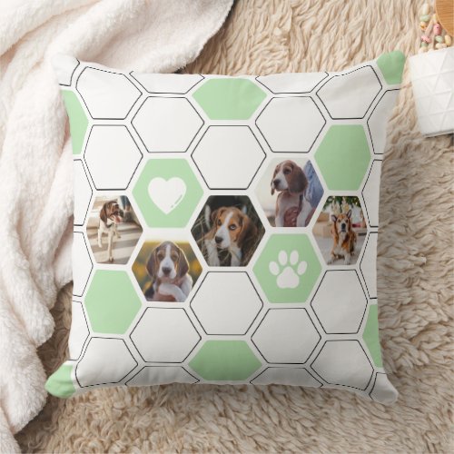 Modern Geometric Green Heart Dog Photo Keepsake Throw Pillow