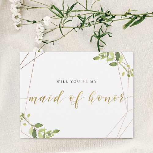 Modern Geometric Greenery Be My Maid of Honor Invitation Postcard