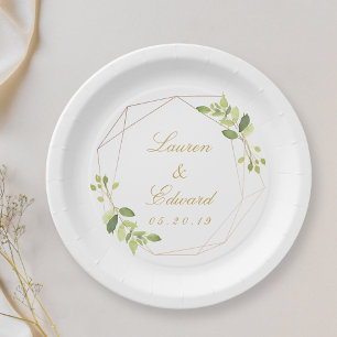 Modern Geometric Greenery Personalized Wedding Paper Plates