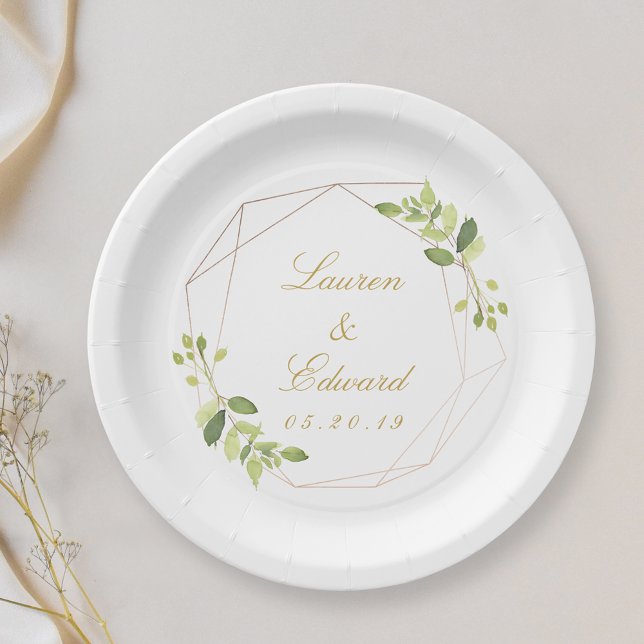 Modern Geometric Greenery Personalized Wedding Paper Plates (Creator Uploaded)