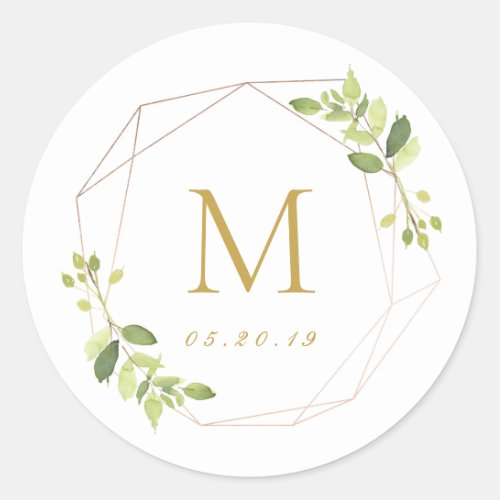 Modern Geometric Greenery Wedding Monogram Classic Round Sticker
