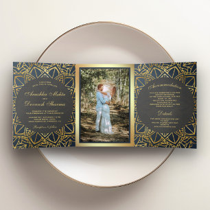 Modern Geometric Grey Gold Mandala Indian Wedding Tri-Fold Invitation