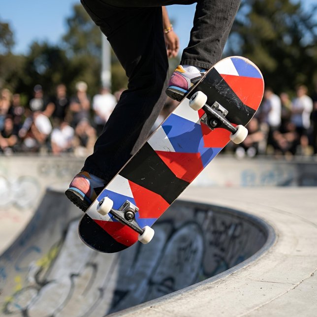 Modern Geometric Harlequin Pattern Red Blue Black Skateboard (Creator Uploaded)