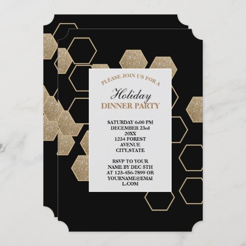 modern geometric hexagon black and gold party invitation