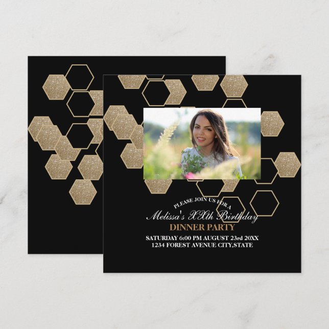 modern geometric hexagon black and gold party invitation (Front/Back)