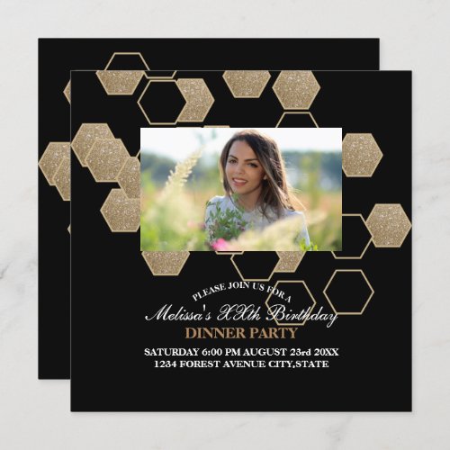 modern geometric hexagon black and gold party invitation