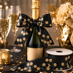 modern geometric hexagon black and gold party satin ribbon