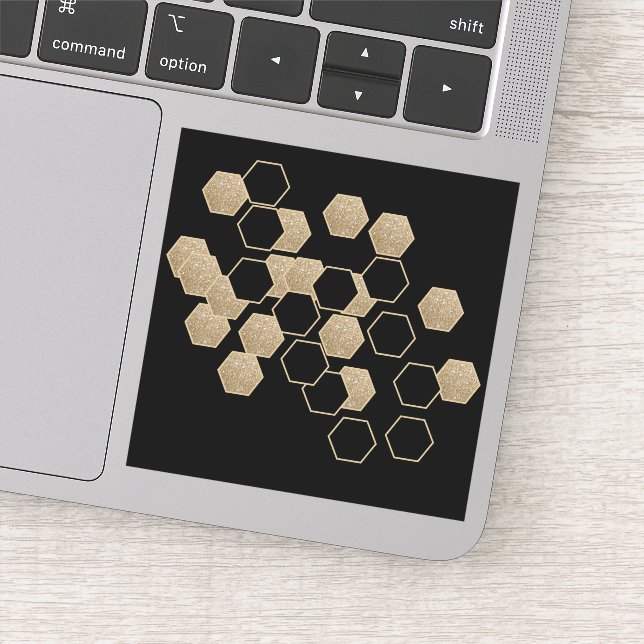 modern geometric hexagon black and gold party sticker (Detail)