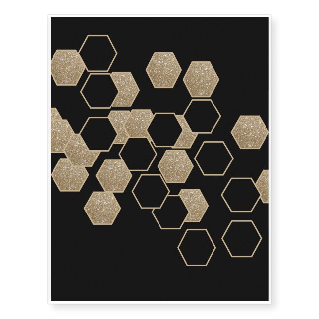 modern geometric hexagon black and gold party temporary tattoos (Front)