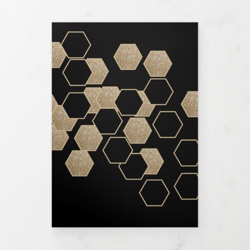 modern geometric hexagon black and gold party Tri_Fold announcement