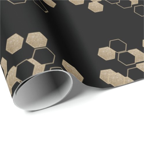 modern geometric hexagon black and gold party wrapping paper