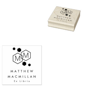 Modern geometric hexagons monogram library book rubber stamp